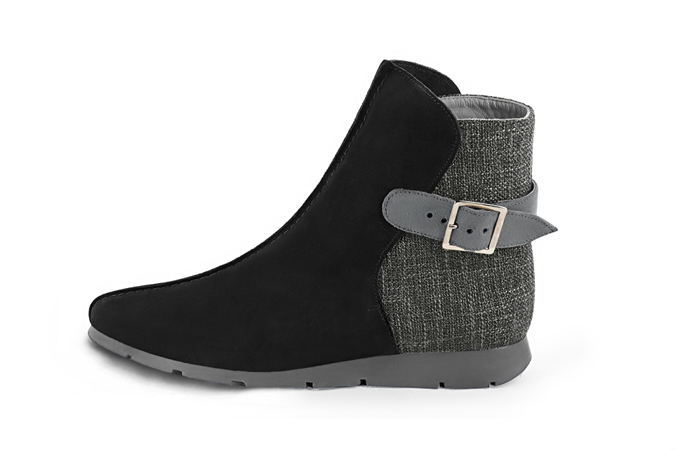 Women's matt black, dark grey and dove grey elegant ankle boots, with buckles at the back. Round toe. Thin rubber soles - Profile view